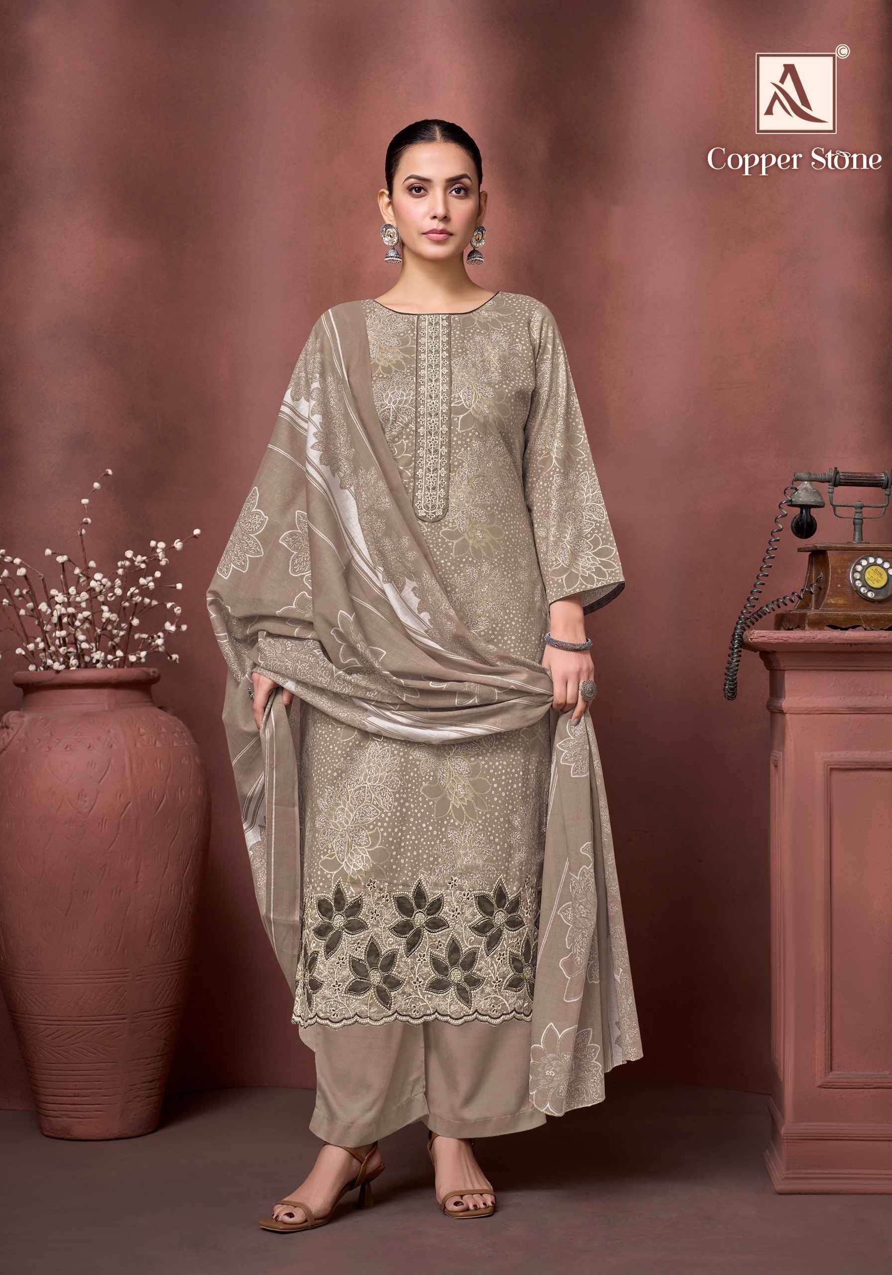 COPPER STONE 1059 By Alok Pakistani Stylish Beautiful Colourful Printed & Embroidered Party Wear & Occasional Wear Pure cotton Dresses At Wholesale Price